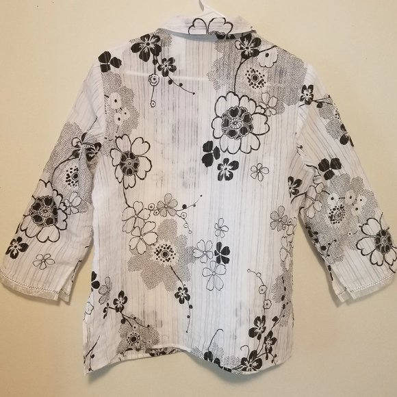 Vintage Hawaiian Shirt Womens Blouse LG Black & White Tunic J.H. Collectibles - Picture 6 of 10